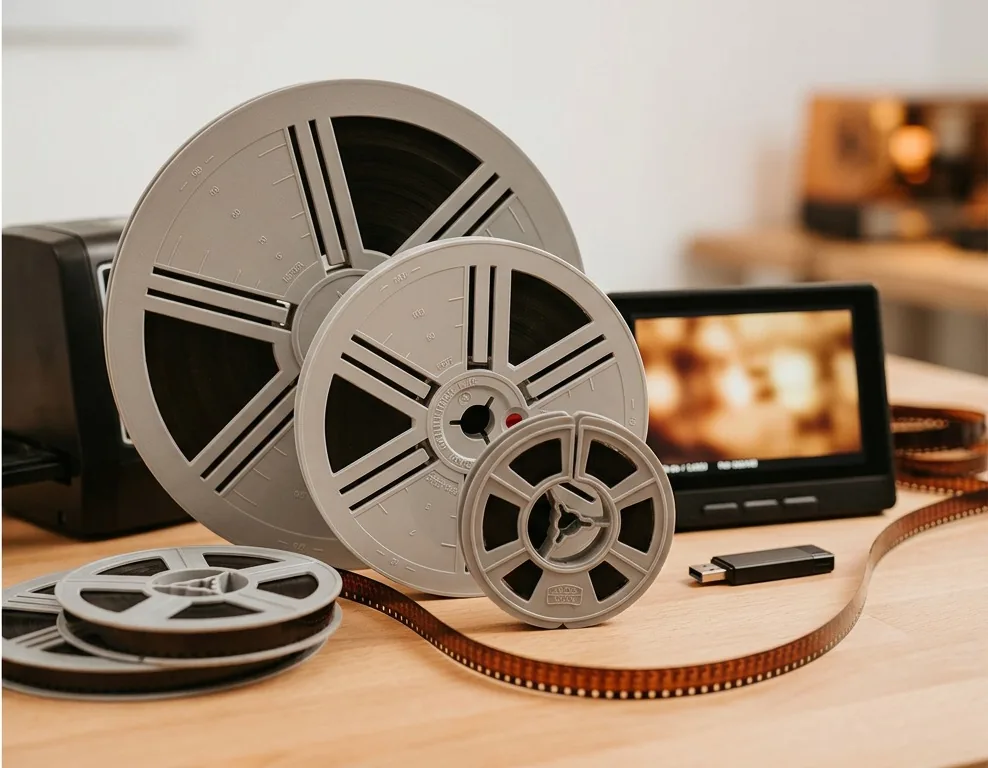 Super-8-Filmrollen mit Digitalisierungs-Gerät und USB-Stick