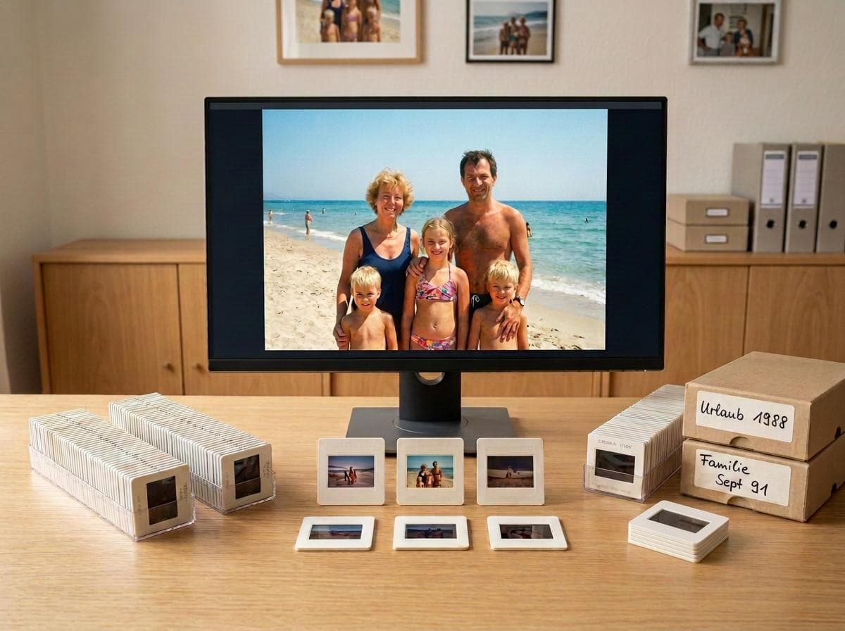 Digitalisierte Dias auf dem Bildschirm neben gerahmten Kleinbild-Dias und beschrifteten Magazinen bei DIGFA in Neuss
